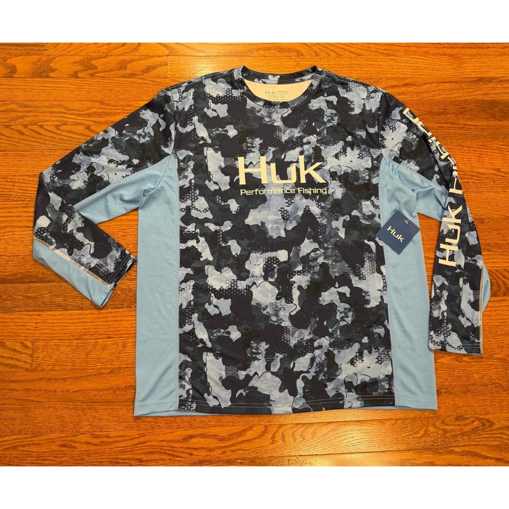 New Huk Icon X Refraction Long Sleeve Fishing Shirt Mens XL Blue Camo Sun Hiking